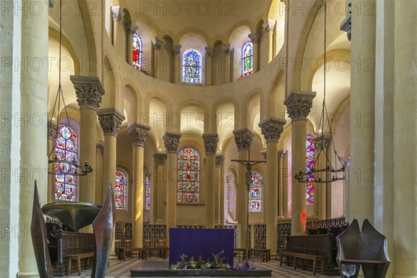 Basilica of Notre-Dame du Port is a Romanesque basilica, formerly a collegiate church in Clermont-Ferrand, France. Interior, altar
