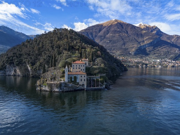 Aerial view of Villa Balbianello peninsula on Lake Como