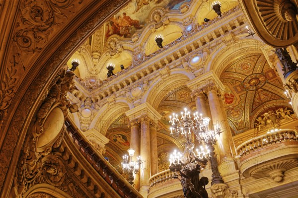 PARIS, FRANCE, MARCH 14, 2017 : interiors, frescoes and architectural details of the palais Garnier, Opera of Paris, march 14, 2017 in Paris, France, Europe