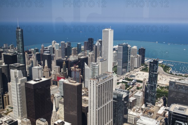 Chicago skyline panorama aerial view with skyscrapers over Michigan Lake