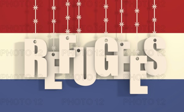 Image relative to migration from africa to european union. Refugees text hanging by barbed wire. Netherlands flag background
