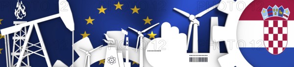 Energy and Power icons set. Header banner with Croatia flag. Sustainable energy generation and heavy industry. European Union flag backdrop. 3D rendering