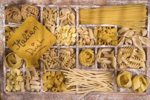 Presentation of varieties of Italian pasta made with white flour