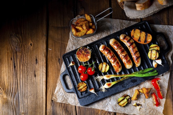 Delicious grilled sausage with various grilled vegetables