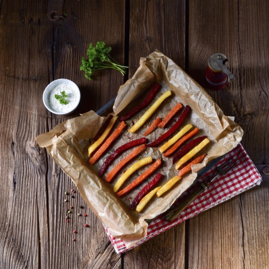Colorful vegetable fries from the oven