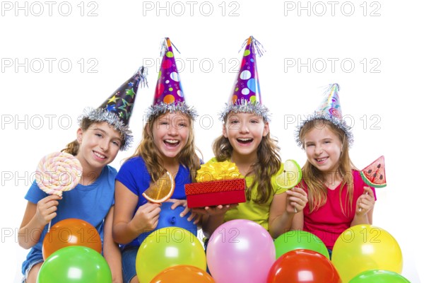 Happy kid girls birthday party balloons sweet candy and gift box on white background