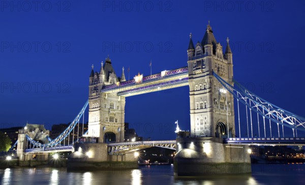 Tower Bridge illuminated during the blue hour, London, England London, England