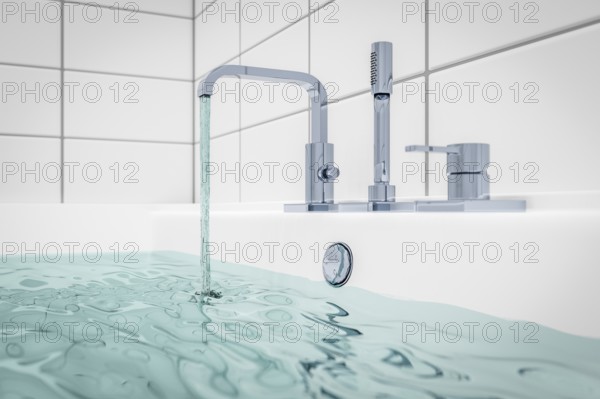 3d illustration of filling a typical bathtub with water