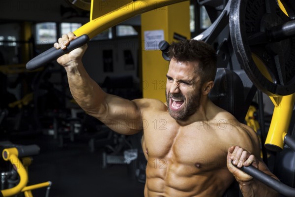 An image of a handsome bearded bodybuilding man doing chest workout