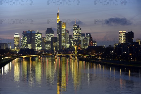 Evening mood, skyline of the banking district, Frankfurt am Main, Hesse, Germany, Europe