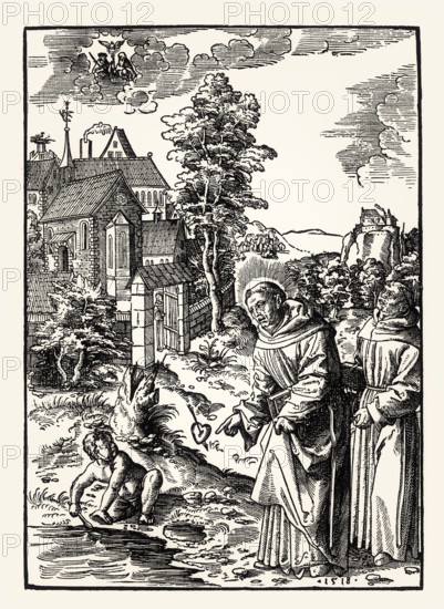 Saint Augustine and the boy exhausting the ocean, Wolf Traut, 16th century, facsimile of the 19th century