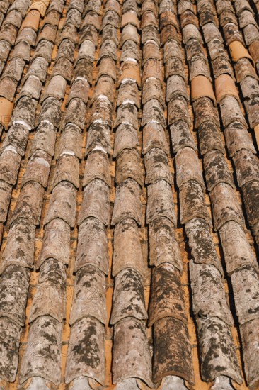 The texture of the old brown shingles on the roof of the building.