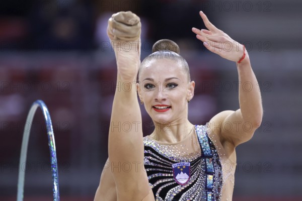 Sofia, Bulgaria - 27 March, 2021: Ekaterina Vedeneeva of Slovenia performs during the individual Hoop final at the 2021 Rhythmic Gymnastics Sofia World Cup, Sofia, Bulgaria, Europe