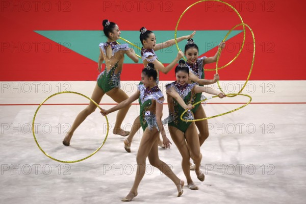 Sofia, Bulgaria - 16 September, 2022: Members of team Korea in action with 5 hoops during the 39th FIG Rhythmic Gymnastics World Championships