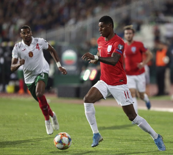 Sofia, Bulgaria - 14 October 2019: Marcus Rashford (R) is seen in action against Bulgarian football player during Bulgaria vs England match part of 2020 European Qualifier