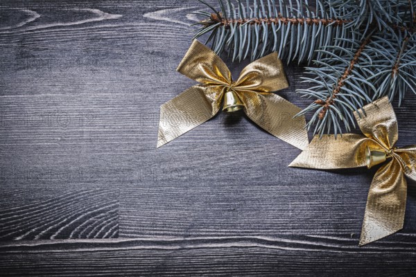 Goldish bows fir tree branch on wooden board holiday concept