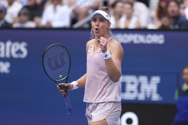 Tennis player Beatriz Haddad Maia of Brazil celebrates at the US Open 2024 Championships, Billie Jean King Tennis Center, Queens, New York, USA.