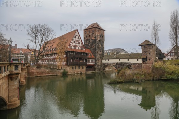 Maxbrücke and Henkerbrücke over the Pegnitz, Weinstadel and water tower, Nuremberg, Middle Franconia, Franconia, Bavaria, Germany, Europe