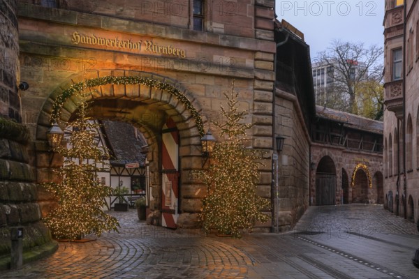 Handwerkerhof, former armoury at the Königstor, city wall, Christmas trees, Christmas lights, Nuremberg, Middle Franconia, Franconia, Bavaria, Germany, Europe