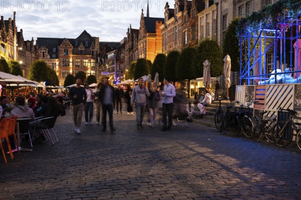 Leuven, Flemish Brabant Region, Belgium, 07 01 2022, Lively night scene with party students at the old market square, the longest bar in Europe, Europe