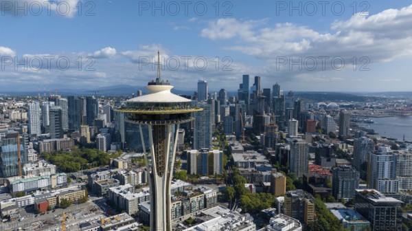 Aerial View of the Seattle Space Needle in the Lower Queen Anne neighborhood