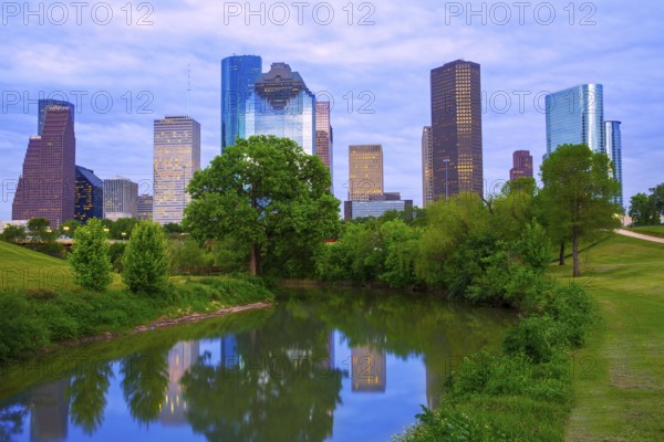 Houston Texas modern skyline from park river US