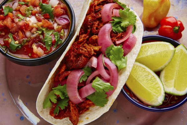 Cochinita Pibil Mexican food with pico de gallo lemon and chili