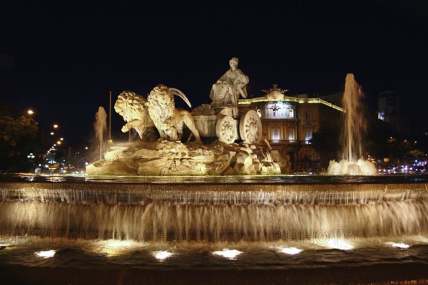 Cibeles night statue in Madrid Paseo Castellana of Spain