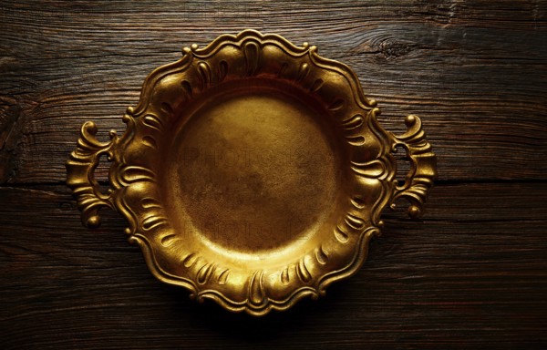 Vintage golden tray round on an aged brown wood background
