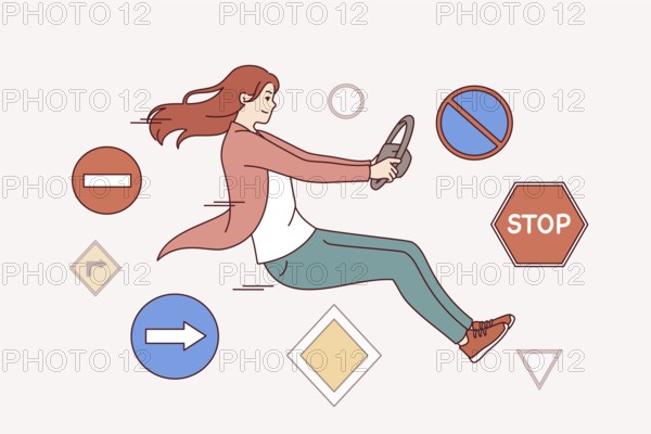 Woman driver violates traffic rules sitting in invisible car among warning road signs. Girl driver violates speed limits participates in races for street racers and neglects safety requirements