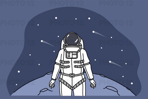 Astronaut in spacesuit explore planet in universe look in space full of stars. Cosmonaut or spaceman stand on surface of moon, have mission in open cosmos. Flat illustration