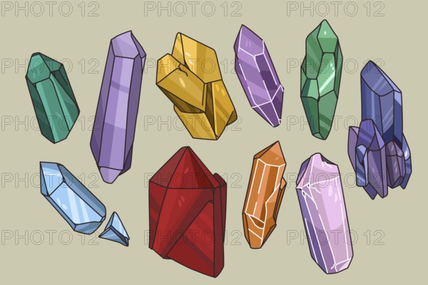 Colorful collection of various natural stones. Set of different size and shape precious gemstones. Minerals and crystals isolated. Semi-precious gems. Flat vector illustration