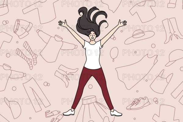 Overjoyed young girl lying among clothes excited with shopping and purchase. Smiling woman shopaholic with garment and apparel. Concept of consumerism and fast fashion. Vector illustration