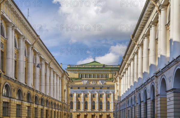 Alexandrinsky Theatre or Russian State Pushkin Academy Drama Theater is a theatre in Saint Petersburg, Russia. View from Rossi street