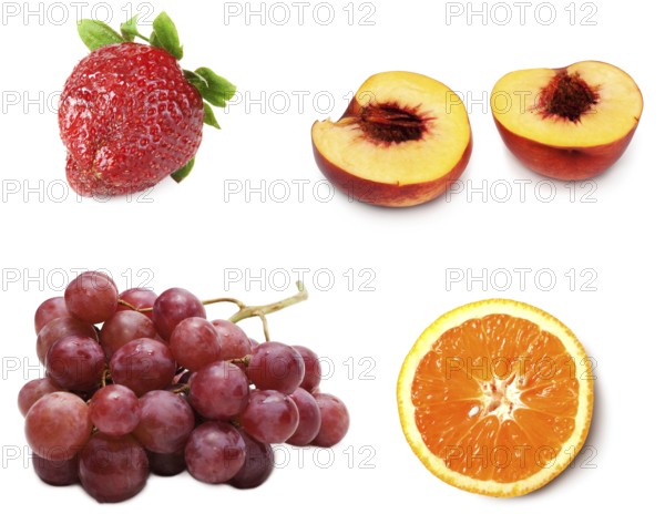 Collage from fresh ripe fruit grape, peach, strawberries and orange on white background. Picture is stuck from several photographies