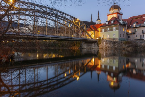 Waasenbrücke, Schwammerlturm, historic buildings of the old town are reflected in the river Mur, blue hour, Leoben, Styria, Austria, Europe