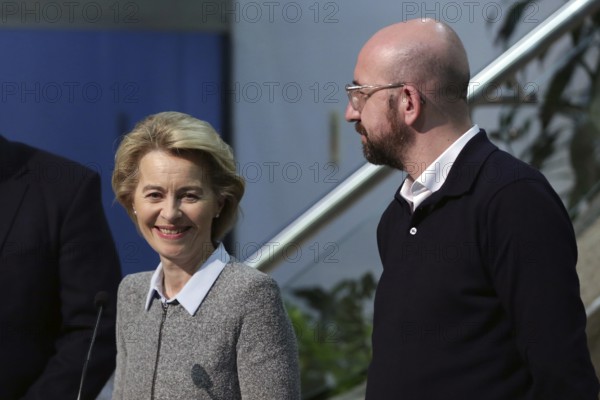 Sofia, Bulgaria - 3 March, 2020: EU Commission President Ursula von der Leyen and EU Council President Charles Michel give a press conference at the Sofia Airport