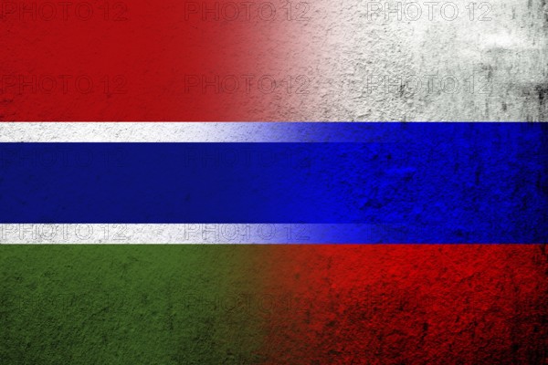 National flag of Russian Federation with The Republic of The Gambia National flag. Grunge background