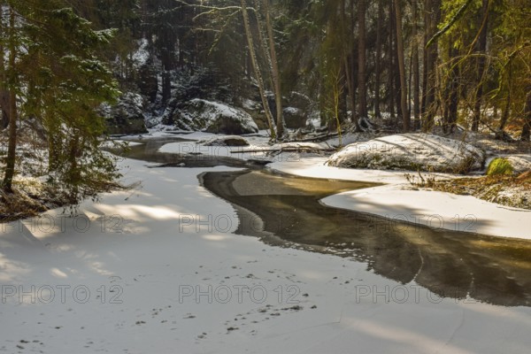 A snowy forest stream with partly frozen water under bright sunshine, Waldnaabtal, Upper Palatinate