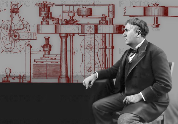 Thomas Alva Edison, 1847, 1931, American inventor, Telegraph Apparatus, Patented 1872, digitally edited according to a photography, 1892