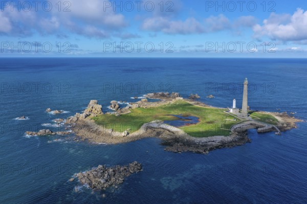 Aerial view island Ile Vierge with lighthouses Phare de l'Ile Vierge, old lighthouse from 1845 and new lighthouse from 1902, with 82, 5 metres highest lighthouse in Europe, off the coast of Plouguerneau, department Finistere Penn-ar-Bed, region Bretagne Breizh, France, Europe