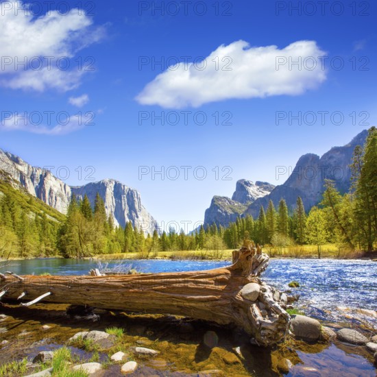 Yosemite Merced River el Capitan and Half Dome in California National Parks US