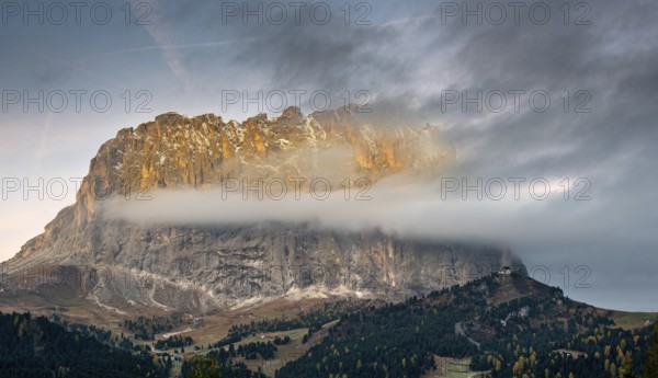 Breathtaking views of the Mountain peaks of Langkofel or Saslonch, mountain range in the dolomites during sunrise in South Tyrol, Italy, Europe