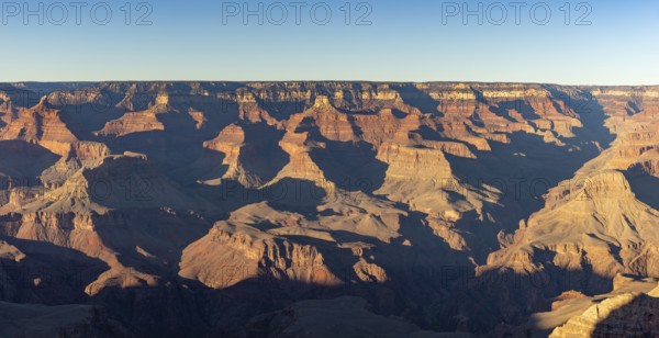 A picture of the landscape of the Grand Canyon National Park as seen from the south rim, Mather Point