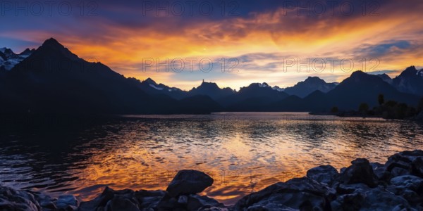 Beautiful picturesque autumn landscape of majestic rocky mountain peaks covered with snow. The lake flowing at the foot of the mountain and the sunset