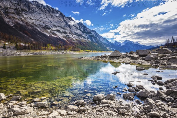 Jasper National Park, Canada. Strong shoaling Medicine Lake in the fall