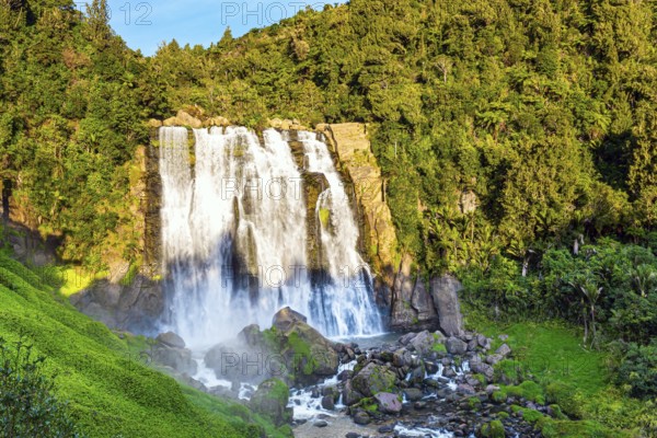 North Island. The largest and widest waterfall in Marocopa. The setting sun illuminates the stormy and thundering jets of water and snow-white foam. The magical beauty of New Zealand
