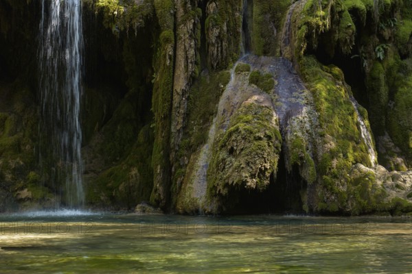 The tufa waterfall near Arbois. Crystal clear waterfall, powerful waterfall