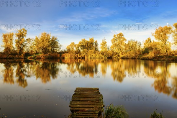 A view of a jetty in the lake at sunrise in the forest with fall colors