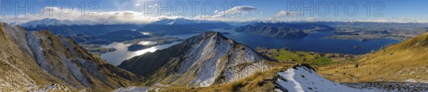 Panorama of Lake Wanaka and Roys Peak in winter, South Island, New Zealand, Oceania